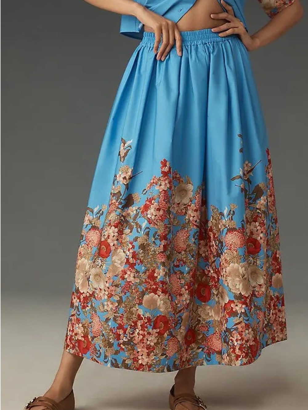 Anthropologie Bright Turquoise Floral Midi Skirt
